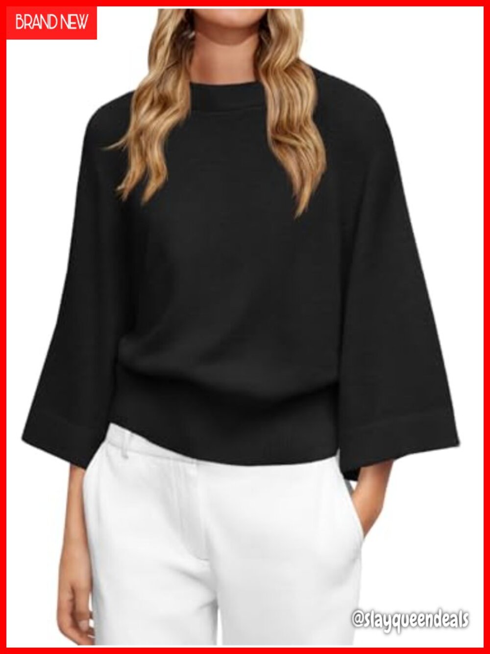 Womens 3/4 Sleeve Batwing Sweater Soft Knit Loose Fit Crew Neck Fall Top